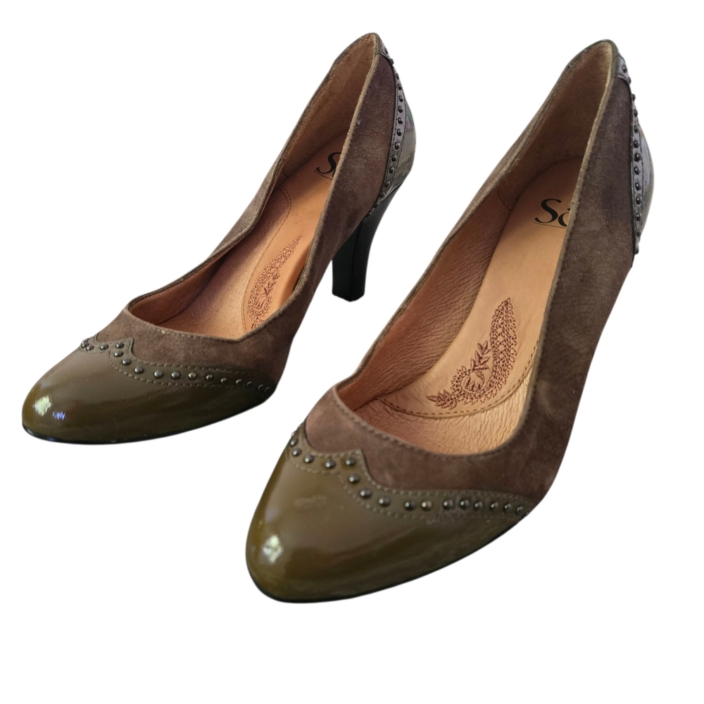 Sofft Brown Leather Suede Wing Tip Studded Heels Size 6